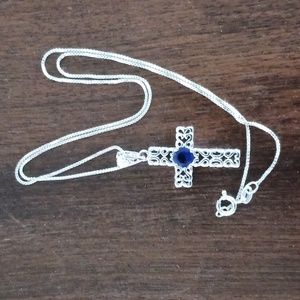 Chain necklace 925  17-18", cross silvertone pendant Blue Stone CZ   Cross 1.5"